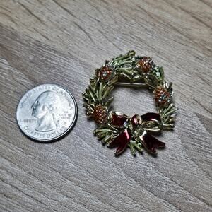 Holiday Pine Wreath Brooch with Bow